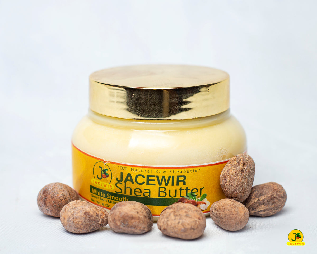 JACEWIR Shea Butter jar with gold lid surrounded by shea nuts